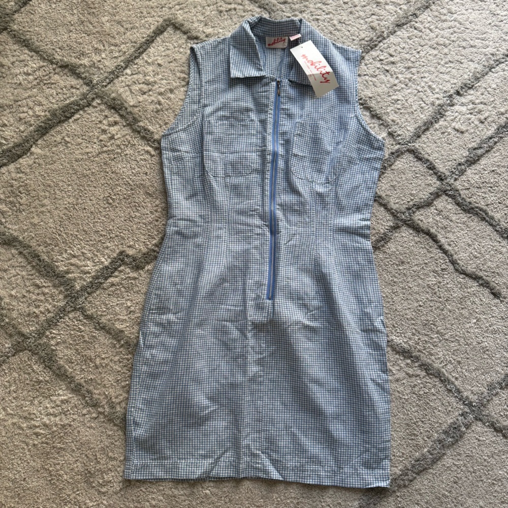 Vintage gingham dress blue white 100% linen mini checker large new